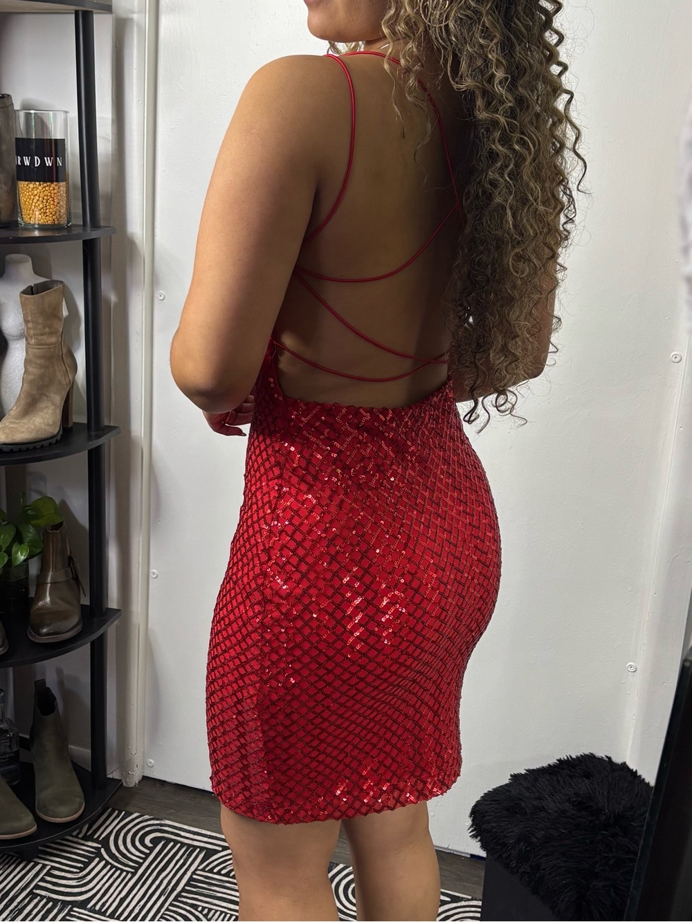 Red Sequin Backless Mini Dress